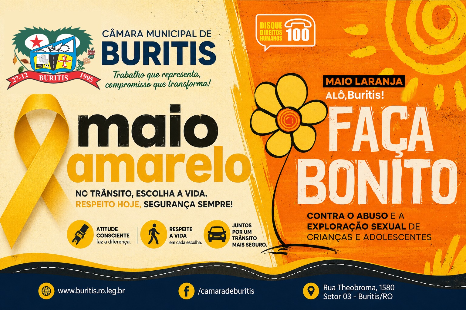 Câmara Municipal de Buritis reforça campanha Maio Amarelo e Maio Laranja